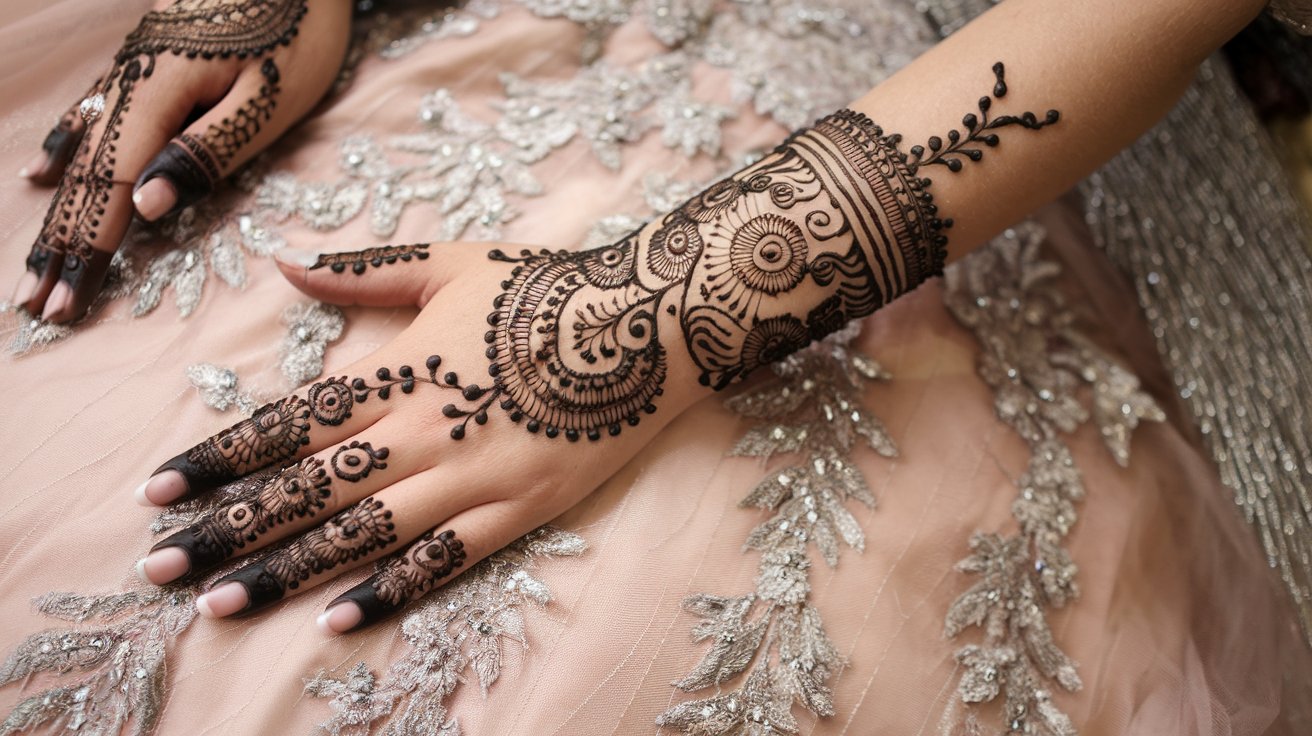 a photo of a bride with her hands painted with a bridal mehndi designs for full hands